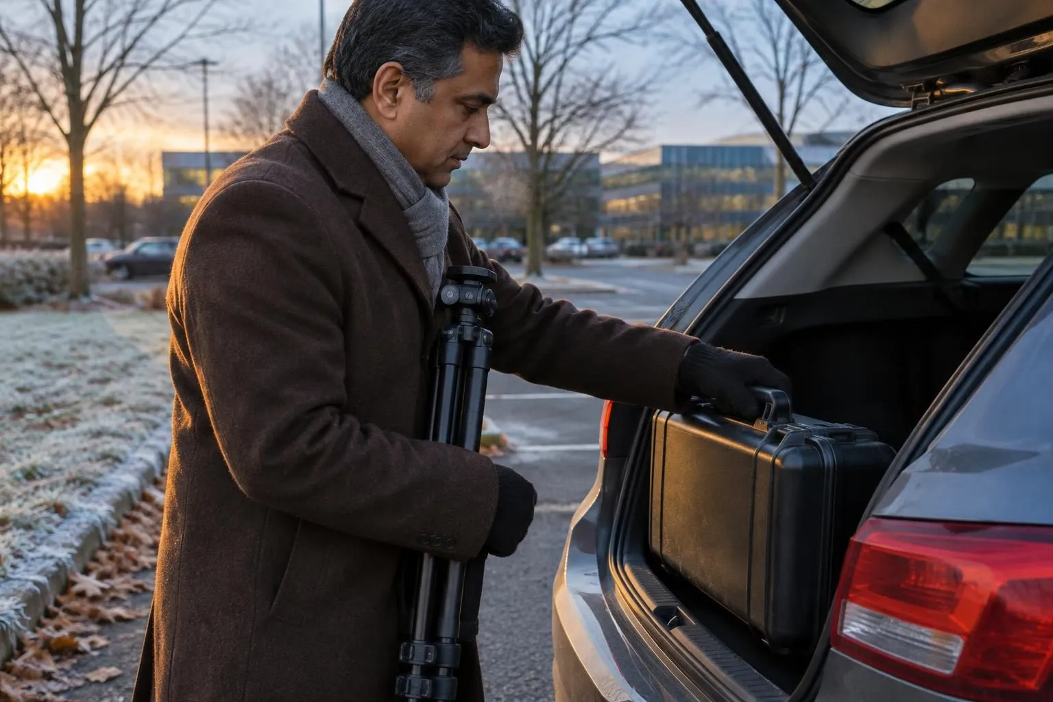 A court reporter in a wool coat loads a black stenotype case and tripod into a car boot in cold, low December light.