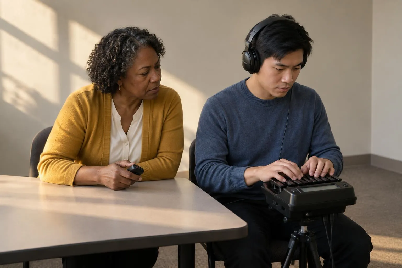 An experienced reporter watches a young man in headphones write on a stenotype during a certification speed practice.