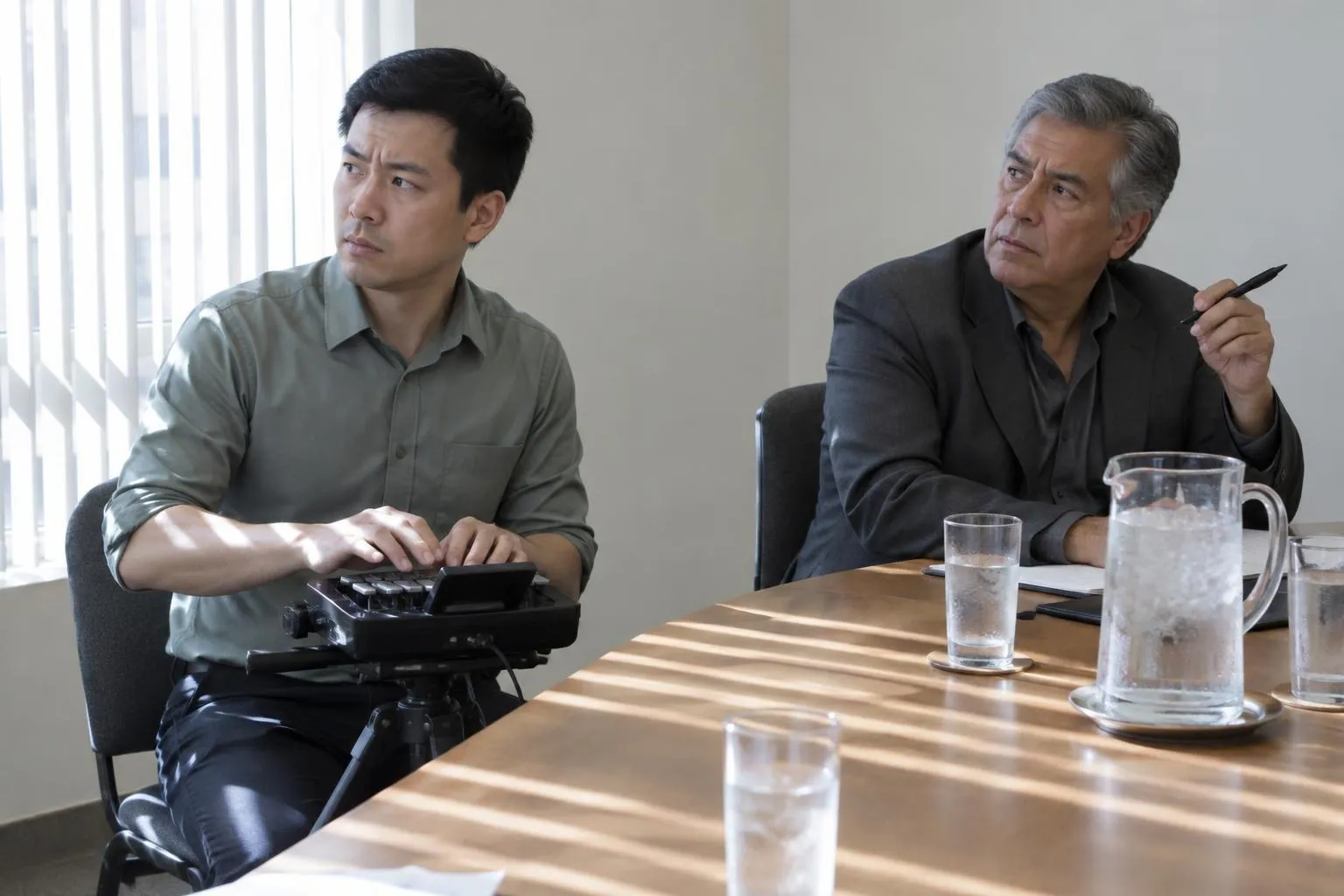 A court reporter types on a stenotype machine, eyes turned aside, while a lawyer across the table gestures mid-sentence.