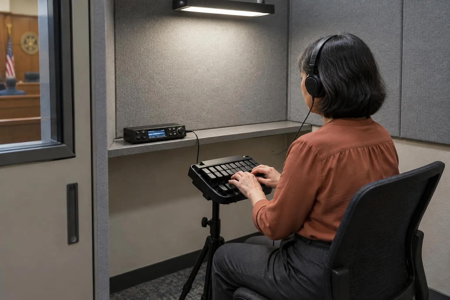 Court reporter listens through headphones while re-entering a passage on a stenotype in an acoustic booth.