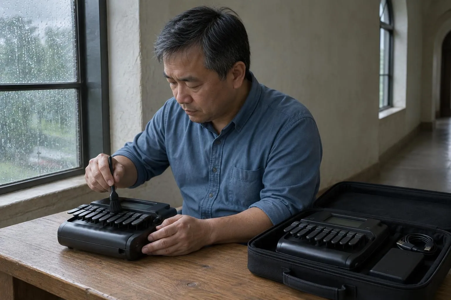 Close-up of a court reporter brushing the keys of his stenotype machine beside a spare machine in an open case.
