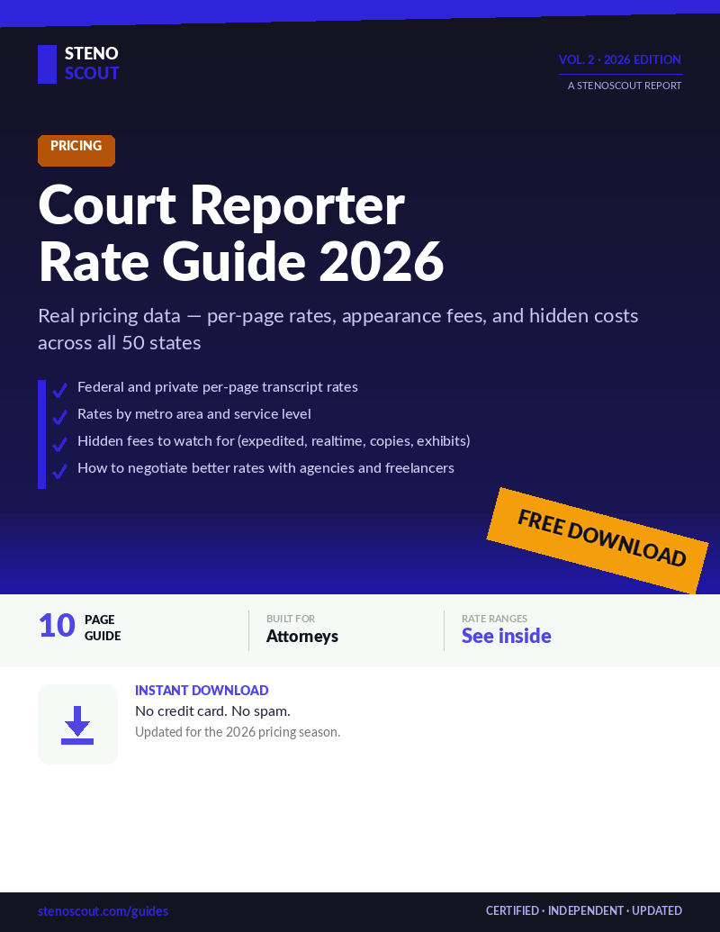 Court Reporter Rate Guide 2026 — 10 page free guide cover