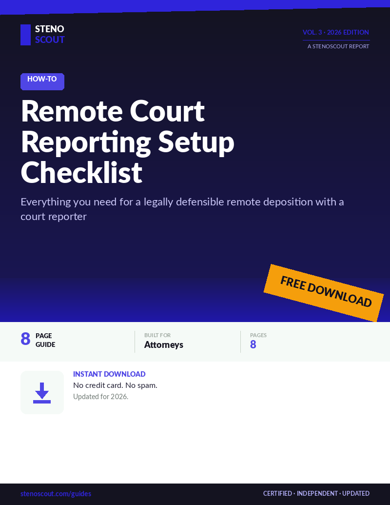 Remote Court Reporting Setup Checklist — 8 page free guide cover